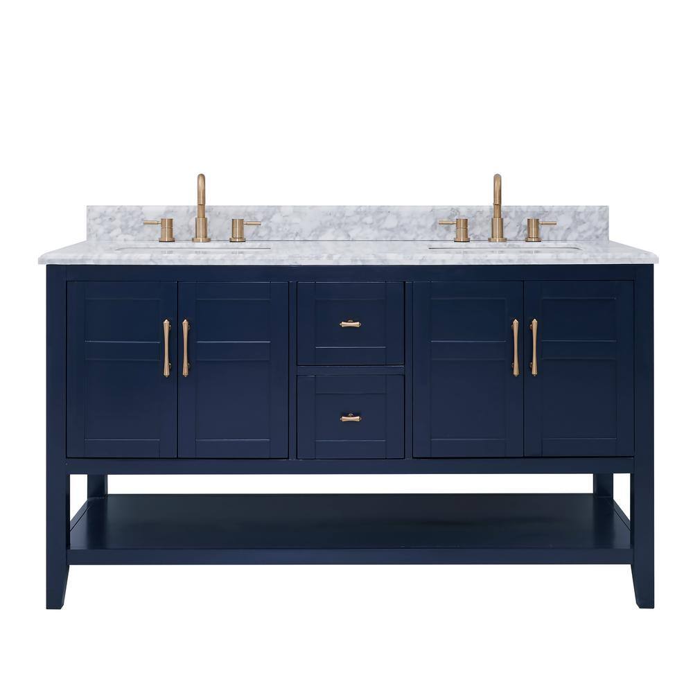 Home Decorators Collection Sturgess Open Shelf 61 in. W x 22. D x 35. H Double Sink Vanity in Navy Blue with White Marble Vanity Top 19111S-VS61C-NB