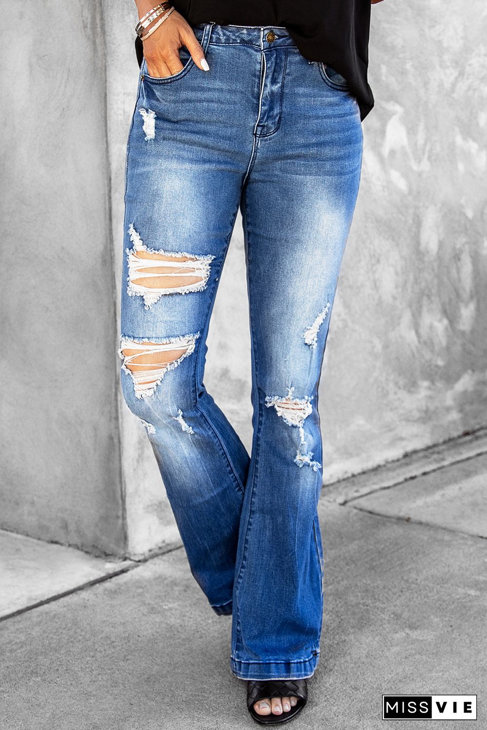 High Waist Distressed Flare Jeans