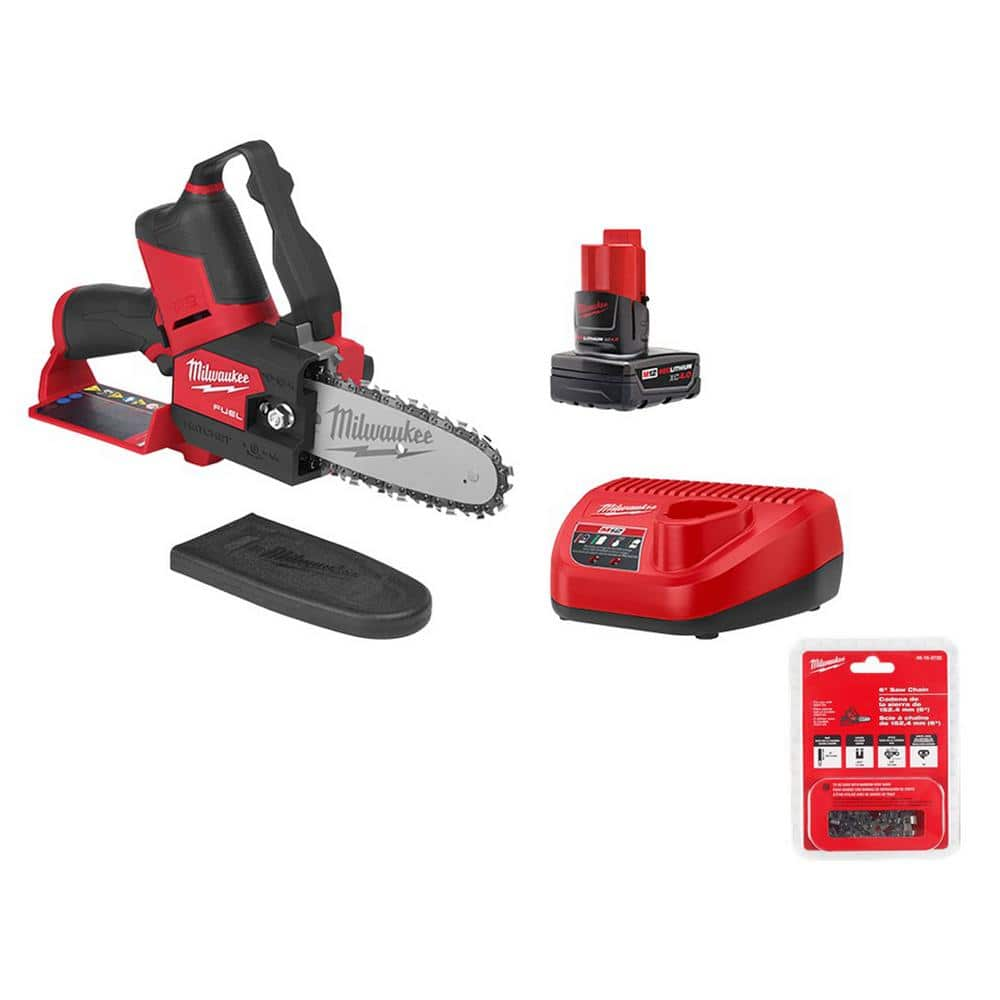 Milwaukee M12 FUEL 6 in 12V LithiumIon Brushless Battery HATCHET Pruning Saw Kit w40 Ah Battery Charger and Extra Chain