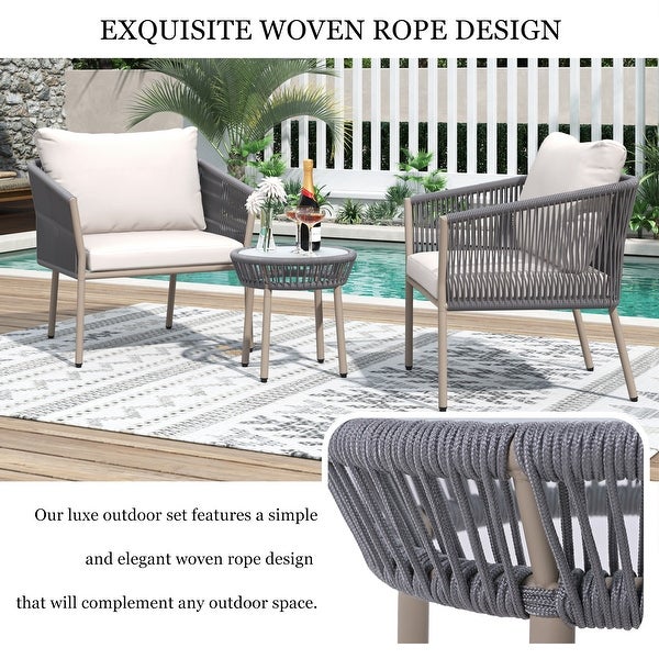 3 PCS Outdoor Rattan Conversation Set， Light Luxury Simple Woven Rope Outdoor Chair Set with 2 Single Chairs and Coffee Table - Overstock - 37780025