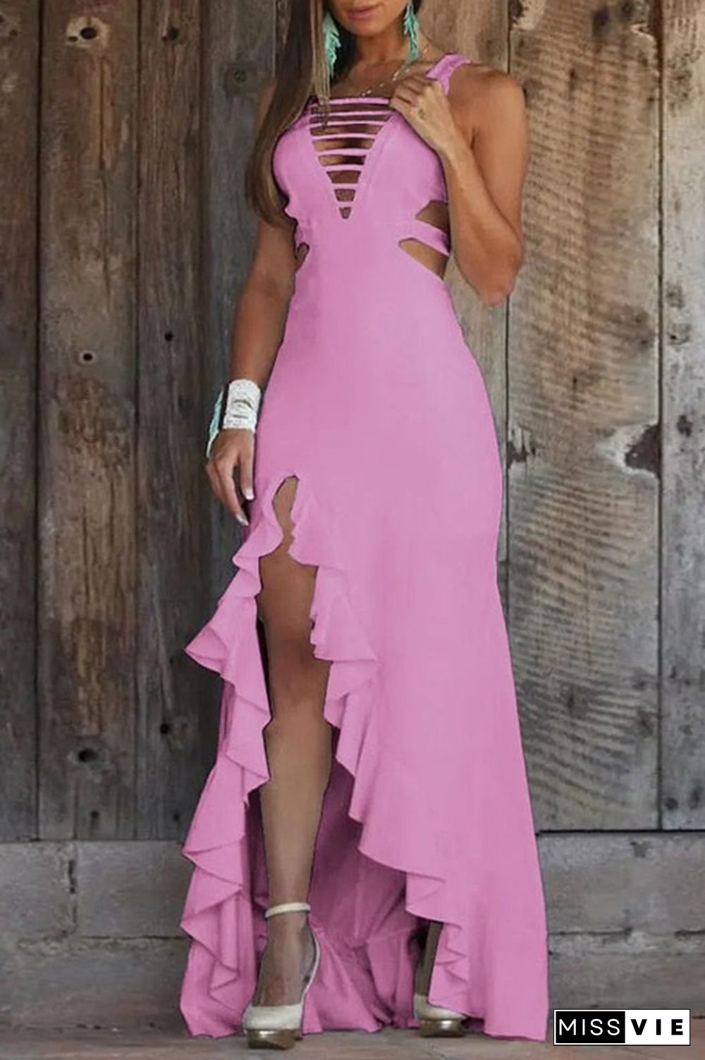 Hollow Out Ruffle Trim Split Thigh Maxi Dress