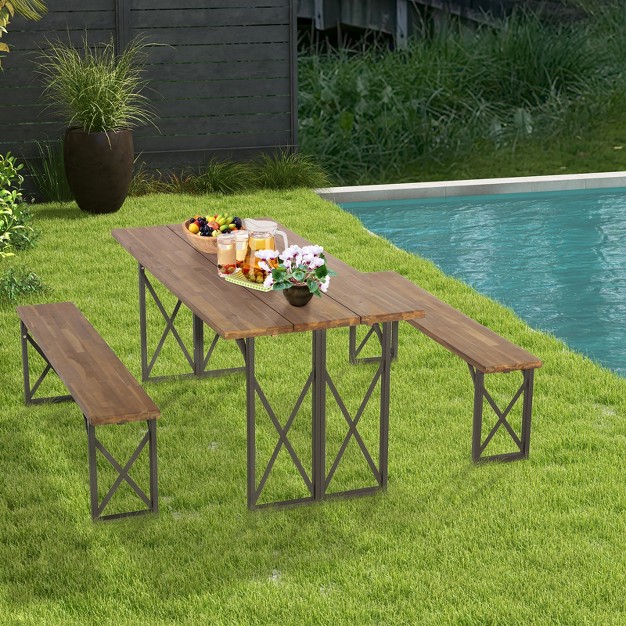 Tangkula 3 Piece Patio Picnic Table Bench Set Outdoor Camping Table Set W Acacia Wood Tabletop amp Seat 2 Umbrella Hole