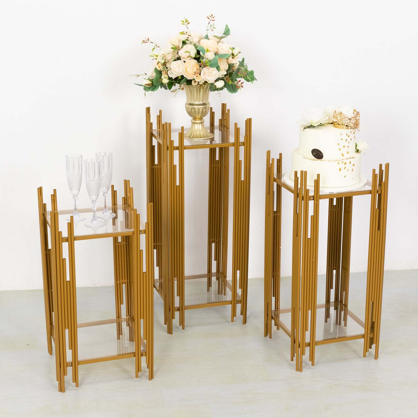 Set of 3 Gold Metal Plinths Flower Display Stands With Square Acrylic Plates, Wedding Cake Table Pedestal Stands - 26