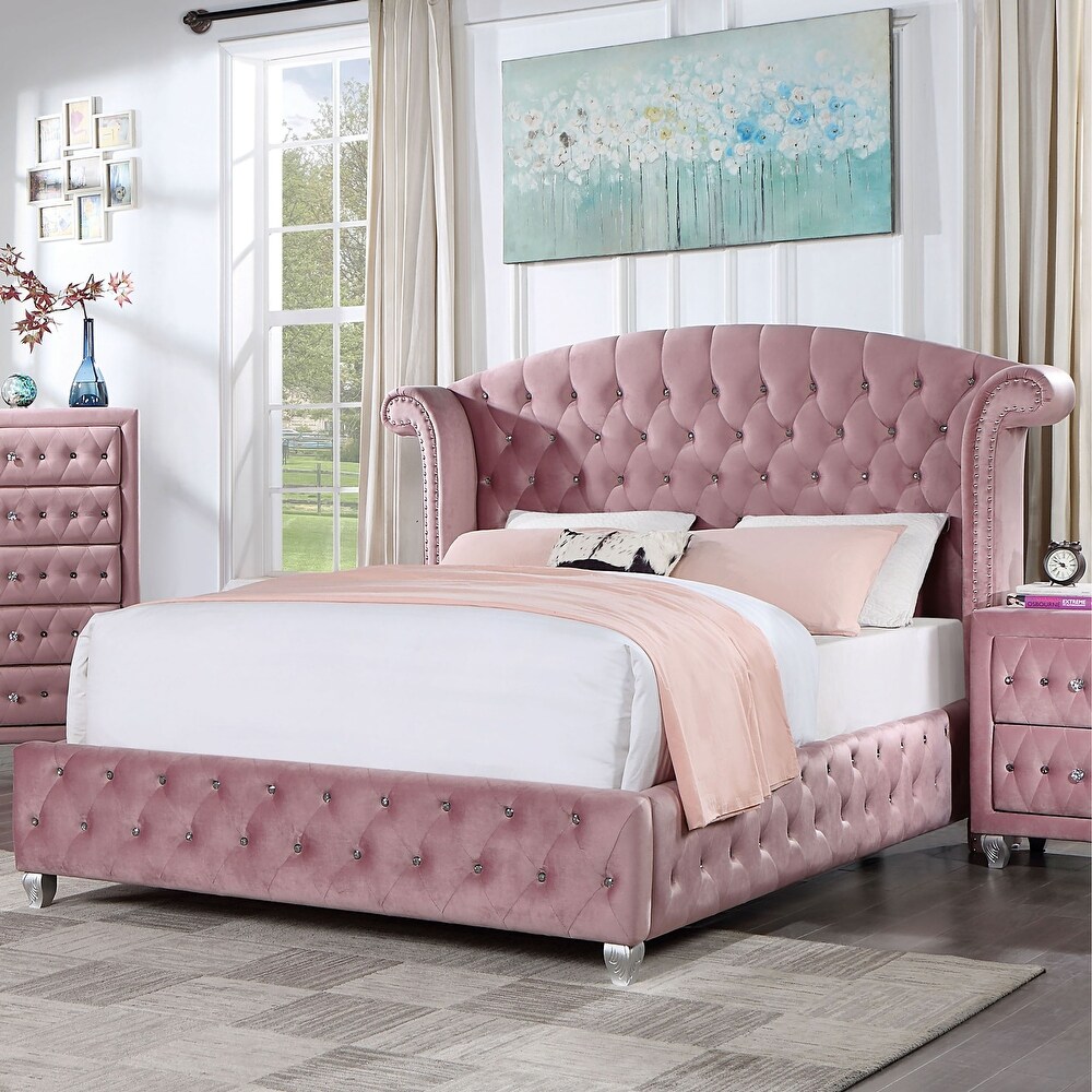 Vyvi Glam Upholstered Pink Button Tufted Wingback Panel Bed by Furniture of America