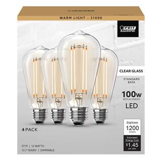 Feit Electric 100-Watt Equivalent ST19 Dimmable Straight Filament Clear Glass Vintage Edison LED Light Bulb Warm White (4-Pack) ST19100CLLED4