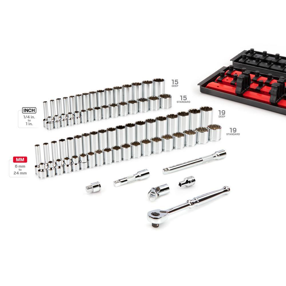 TEKTON 38 in. Drive 12-Point Socket and Ratchet Set with Rails (14 in.-1 in. 6 mm-24 mm) (74-Piece) SKT13302