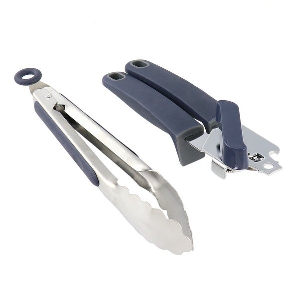 2 Piece Stainless Steel Can Opener and Tongs Set in Navy Blue