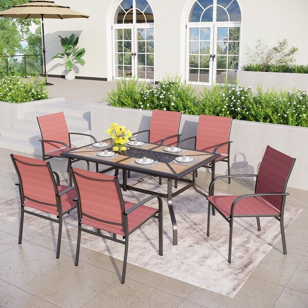 MAISON ARTS Patio Dining Set 7Piece Metal Woodlook Geometric Rectangle Table and 6 Textilene Chairs