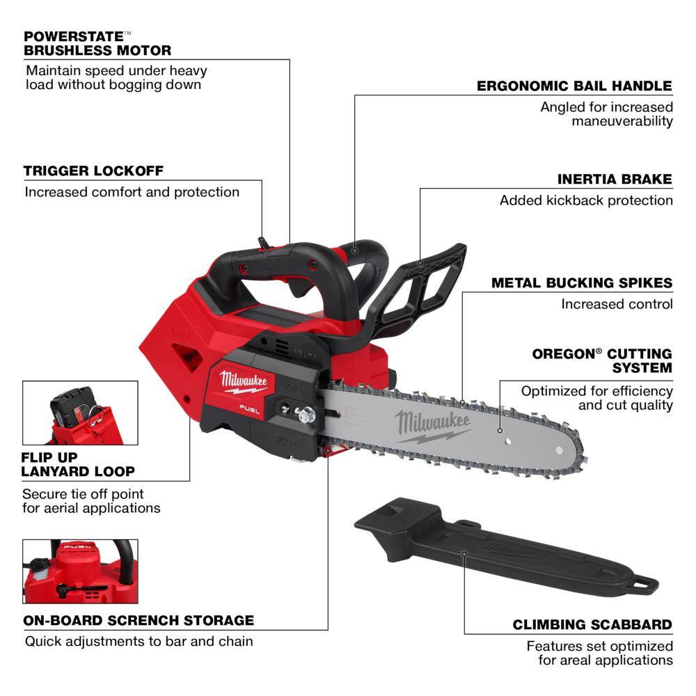 MW M18 FUEL 14 in. Top Handle 18-Volt Lithium-Ion Brushless Cordless Chainsaw and M18 12 in. Top Handle Chainsaw (2-Tool) 2826-20T-2826-20C