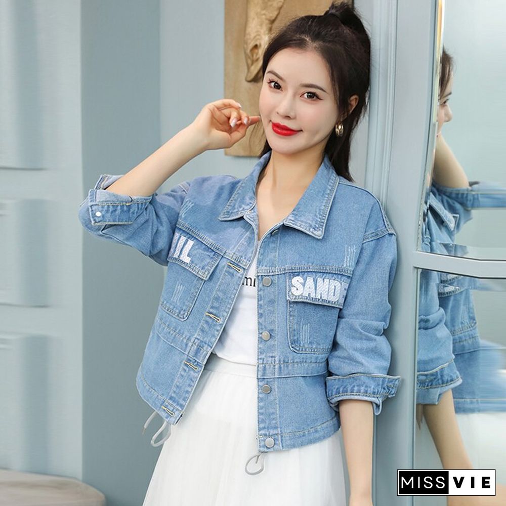 Spring Autumn Fashion Letter Denim Jacket Women Loose All Match Jean Jackets Casual Long Sleeves Coats Korean Street Wear