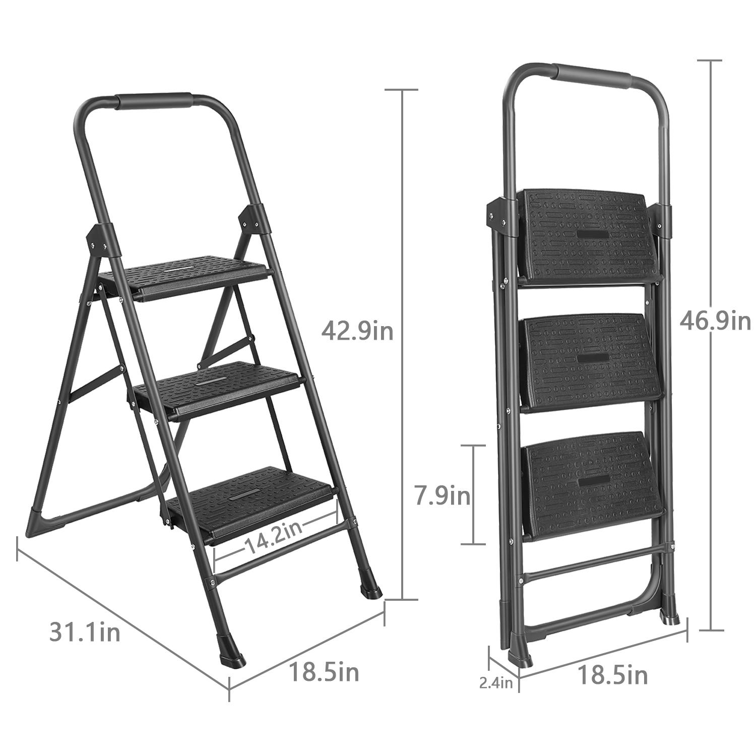 SUGIFT 3 Step Ladder Portable Folding Step Stool with Wide Anti-Slip Pedal， Dark Gray