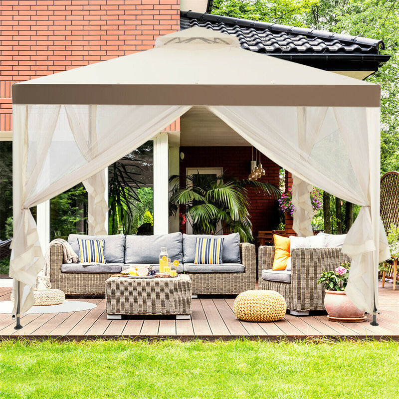 10 x 10 FT Patio Steel Gazebo with Netting, Vented Outdoor Canopy Gazebo Tent for House Party