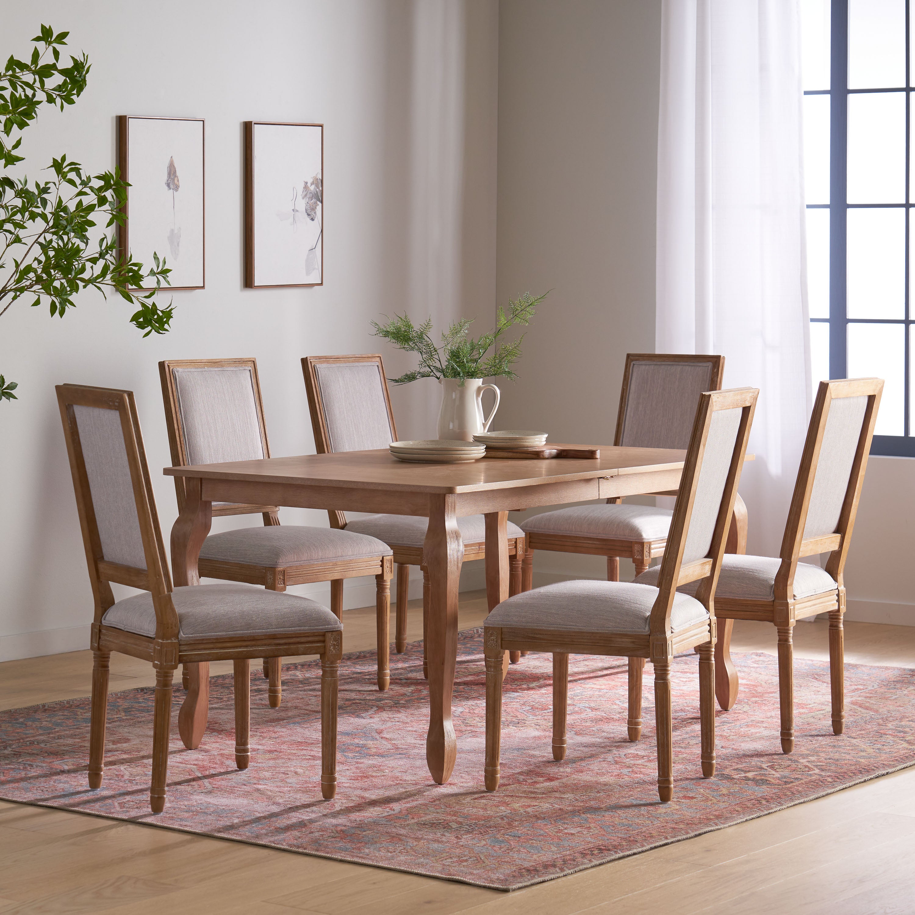 Fernleaf French Country Fabric Upholstered Wood Expandable 7 Piece Dining Set