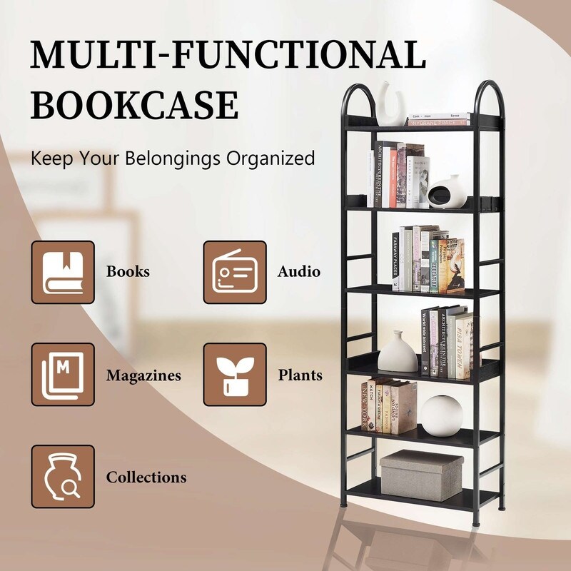 70.8 Inch Tall Bookshelf  6 tier Shelves with Round Top Frame