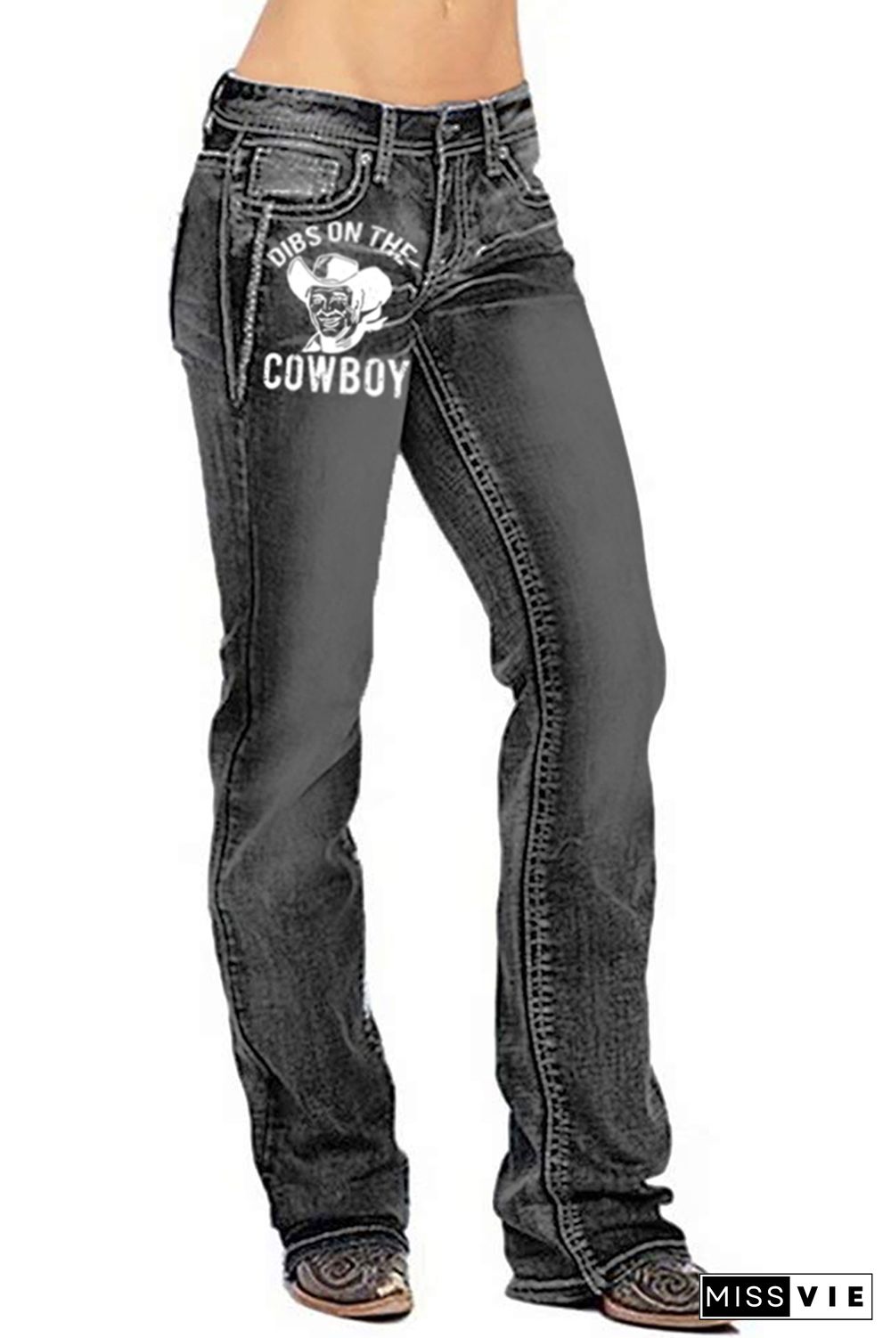 Cowboy Print Straight Wash Jeans Pants