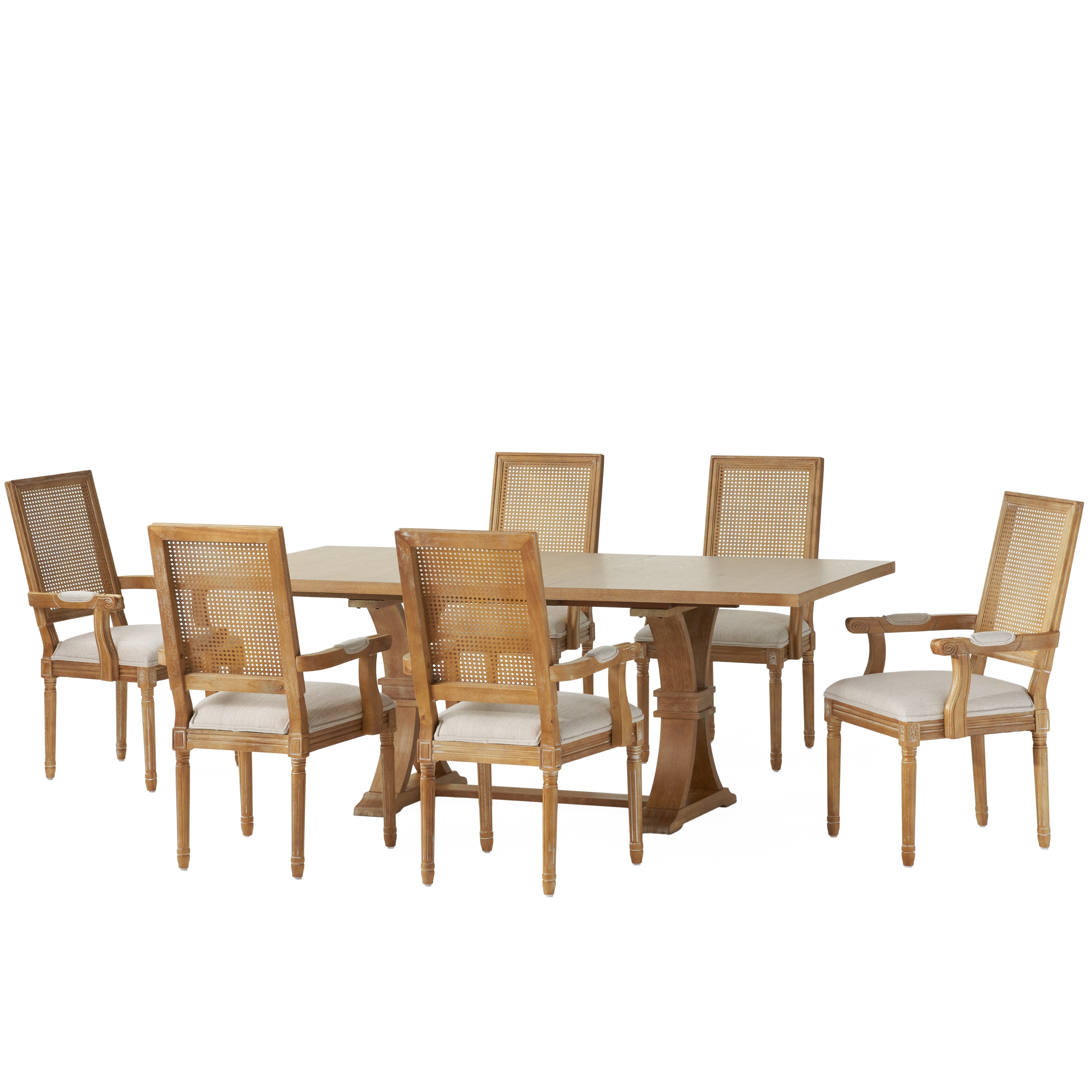 Zentner French Country Fabric Upholstered Wood and Cane 7 Piece Expandable Dining Set