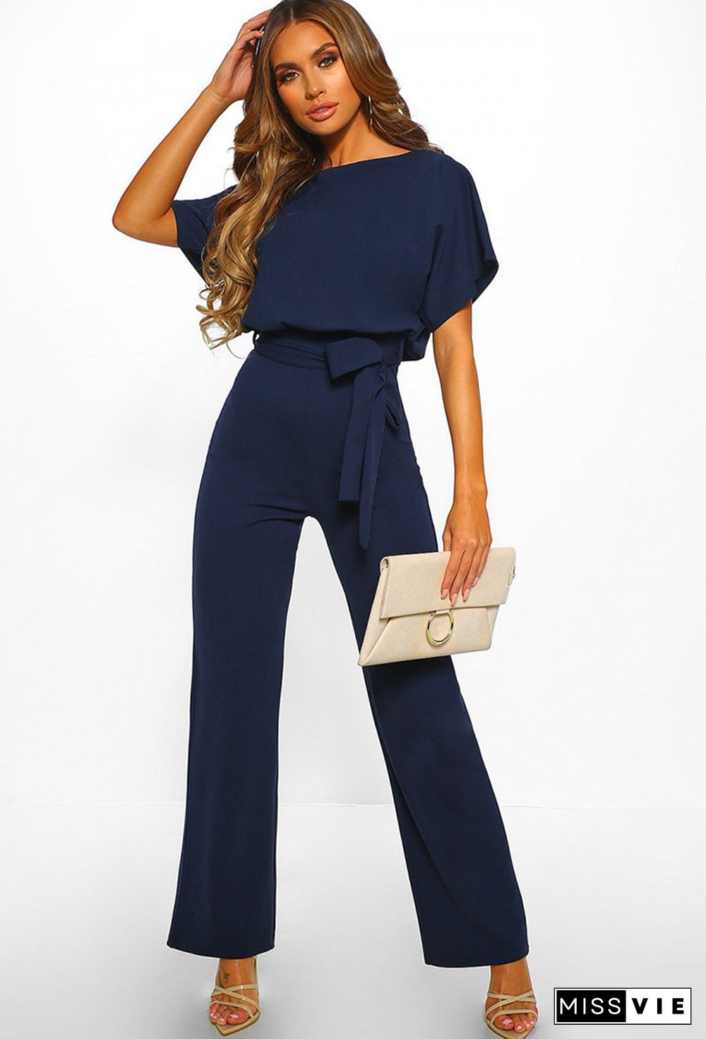 Button Lace-up Short-sleeved Jumpsuit