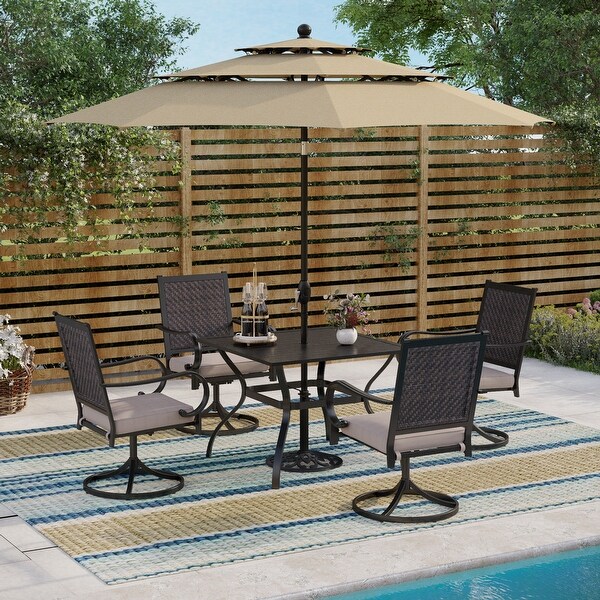 MAISON ARTS 5/7piece Patio Dining Set，4/6 Rattan Swivel Chairs with Cushion and 1 Metal Table with Umbrella Hole