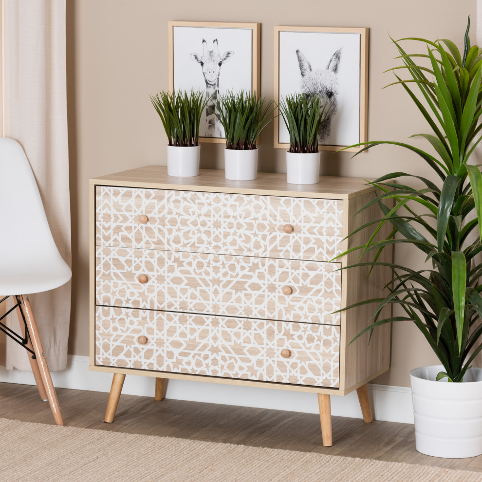 Beau White and Oak Brown Finished Wood 3 Drawer Storage Cabinet   Midcentury   Accent Chests And Cabinets   by Ezmod Furniture  Houzz