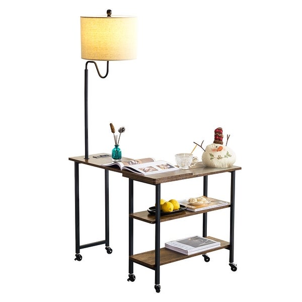 L-shaped Computer Desk with Wheels， Floor Lamp， Shelves，Side Table