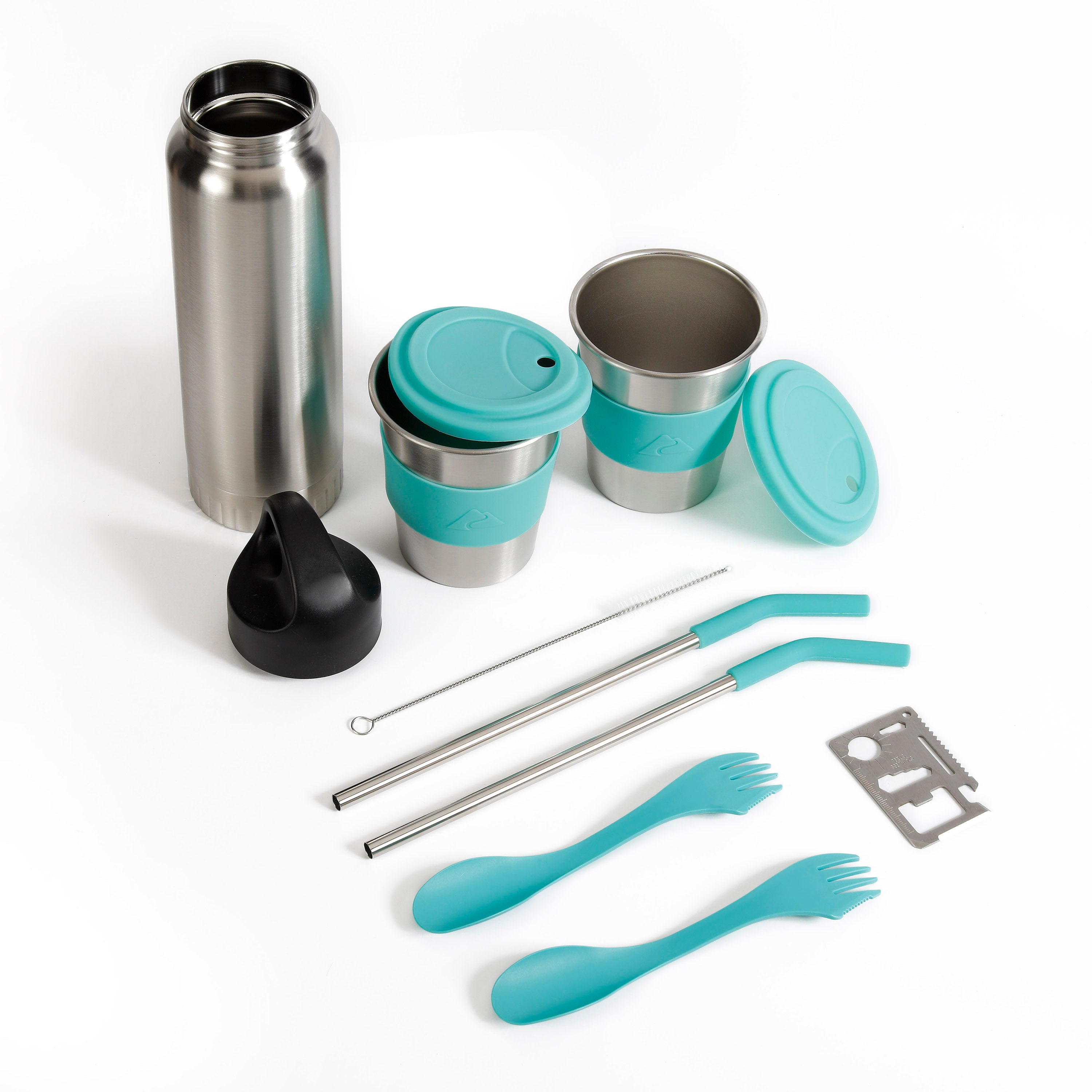 Ozark Trail 10 Piece Reusable Cutlery & Drinkware Combo Set, Aqua, 14 oz