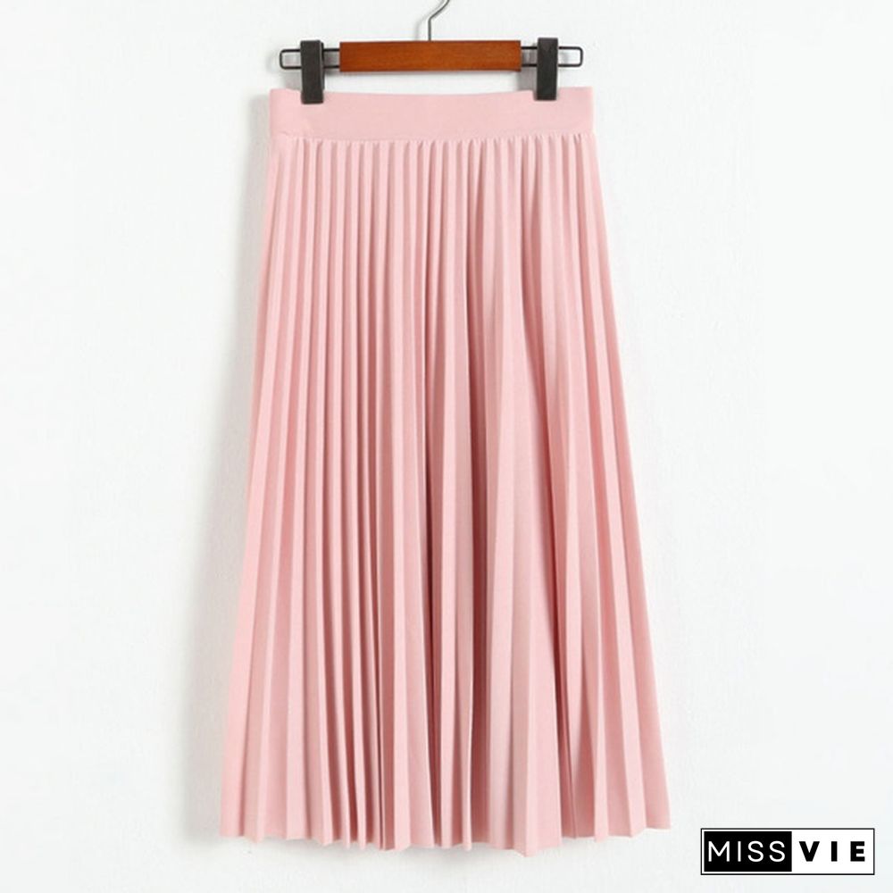 Spring Thick Chiffon Pleated Long Skirt Women Stretch Waist Casual Pink Calf-Length Pleated A-Line Skirt Summer