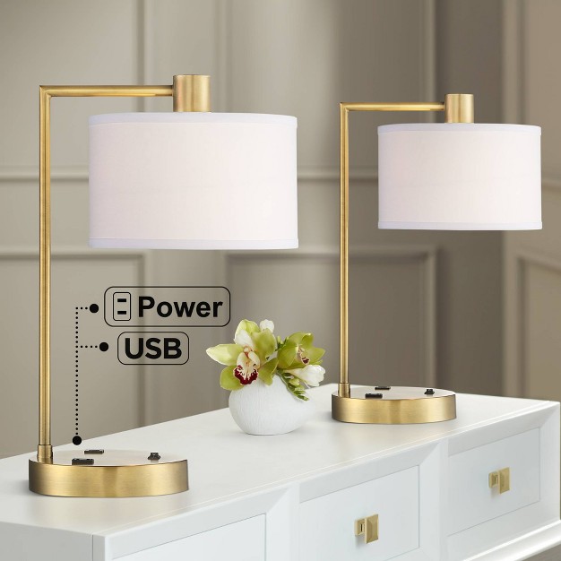 High Small Modern Desk Lamps Set Of 2 Usb Port Ac Power Outlet Antique Gold Finish Metal Home Office Living Room Charging