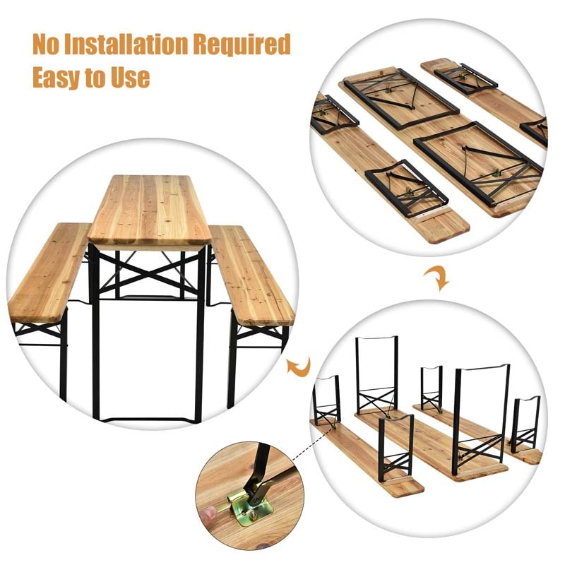 70'' 3 Pcs Folding Picnic Table Bench Set, Portable Beer Table with Seating Set, Wooden Top Outdoor Dining Table Set