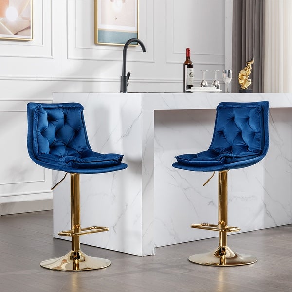 Set of 2 Bar Stools，with Chrome Footrest and Base Swivel Height Adjustable Mechanical Lifting Velvet and Golden Leg