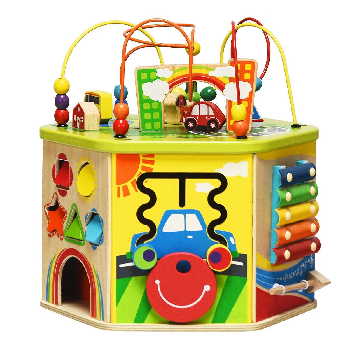 Costzon Wooden Activity Play Cube, 7 Sided Activity Center w/ Rotating Base, Bead Mazes