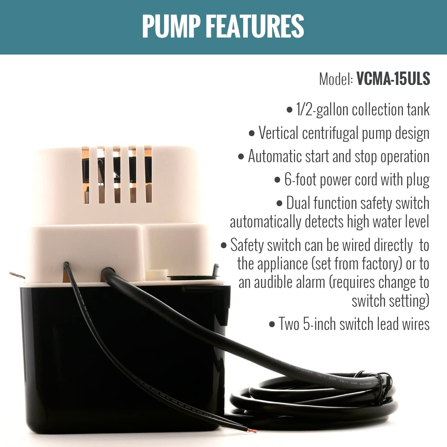 Little Giant 554405 65 GPH Condensate Pump with Safety Switch， White， VCMA-15ULS