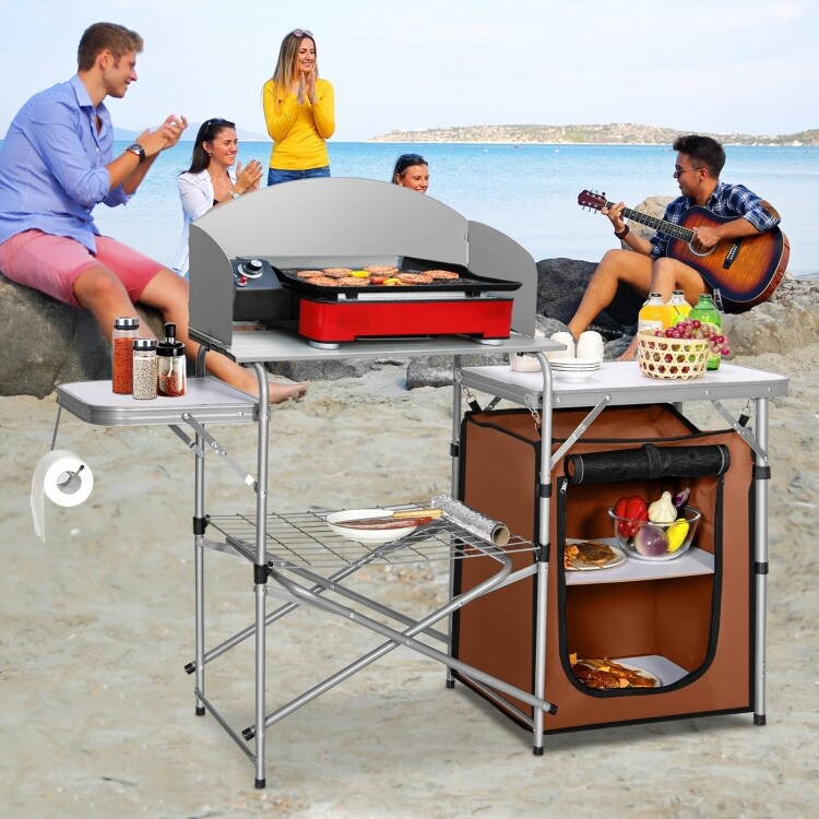 Foldable Outdoor BBQ Portable Grilling Table With Windscreen Bag   57.5\