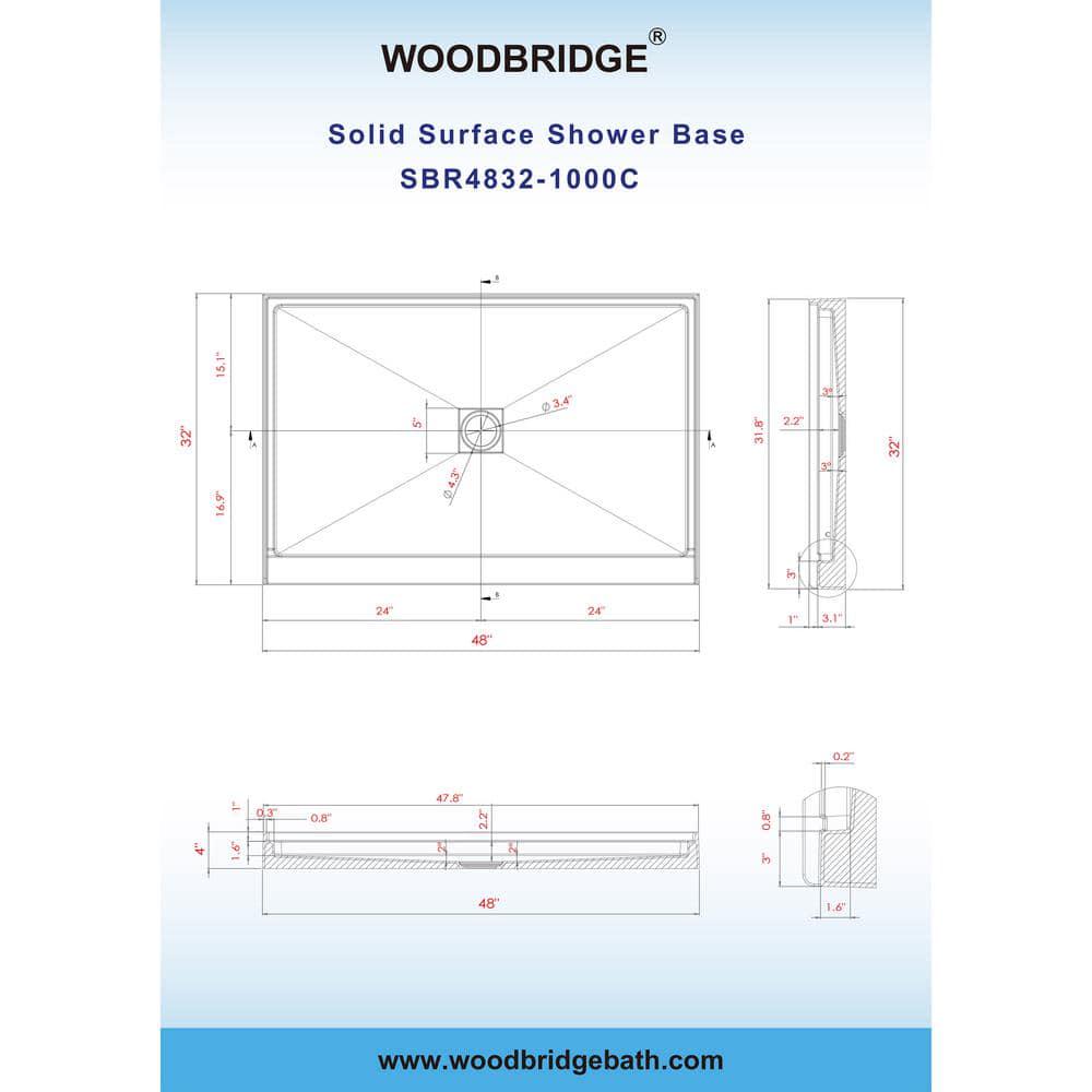 WOODBRIDGE 48 in x 32 in Solid Surface Single Threshold Center Drain Shower Pan with Stainless Steel Linear Cover in White