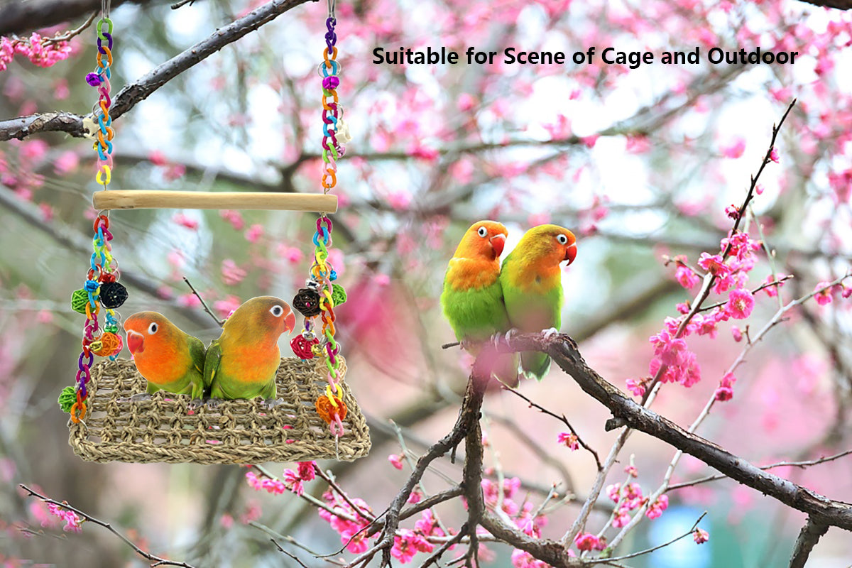 Bird Seagrass Swing Toys with Wood Perch Bird Parrot Trapeze Swing Seagrass Bird Climbing Hammock Bird Perch Stand Chewing Toy for Lovebird， Cockatiel， Budgie， Conure Parrotlet， Parakeets