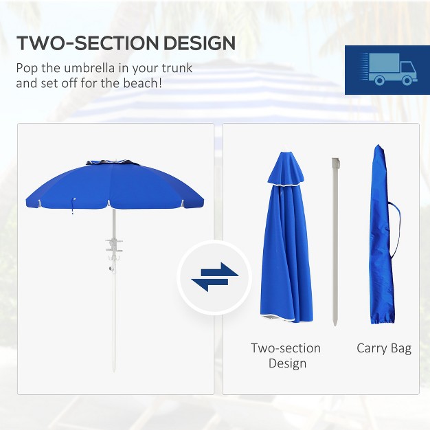 Outsunny 5 7 x27 Beach Umbrella With Cup Holders Hooks Vented Canopy Portable Outdoor Umbrella Blue