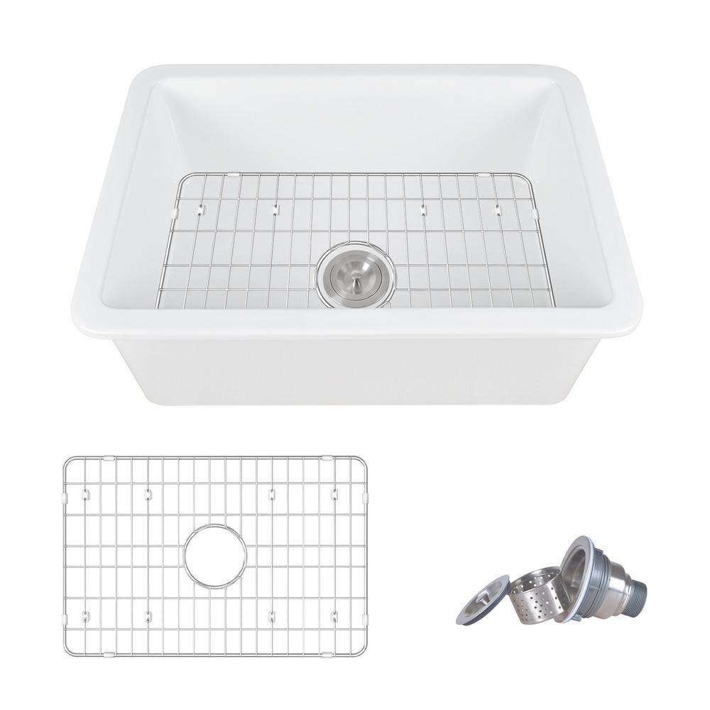 DEERVALLEY Glen White Fireclay Rectangular 27 in. Single Bowl Undermount Kitchen Sink with Bottom Grid and Basket Strainer DV-1K509