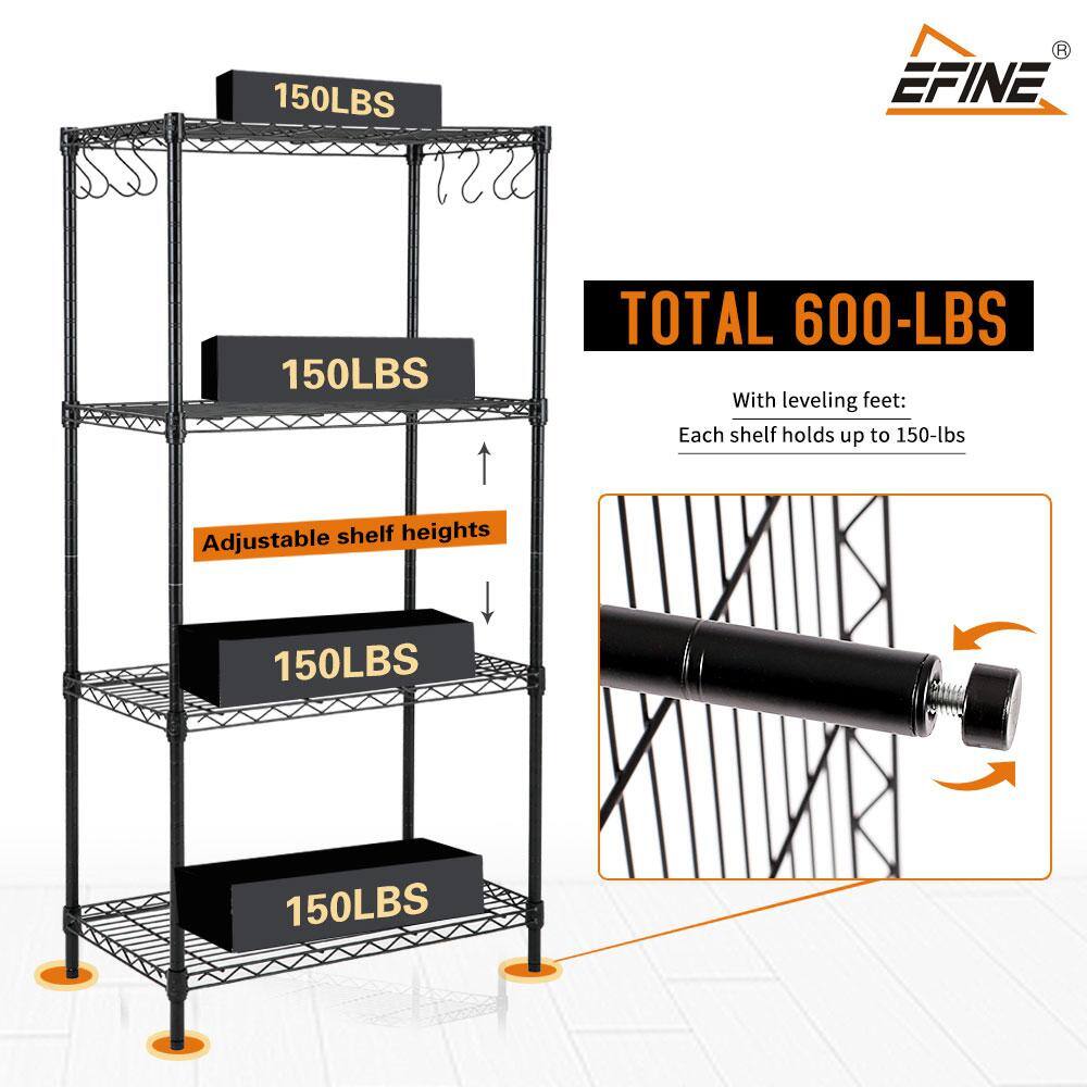 EFINE Black 4-Tier Carbon Steel Wire Garage Storage Shelving Unit with 8 Hooks (23.6 in. W x 47 in. H x 14 in. D) RL100-4