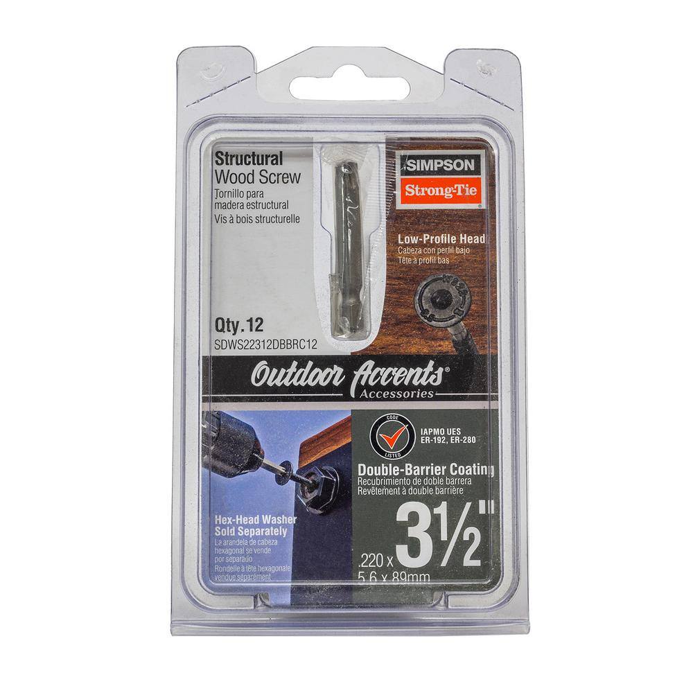 Simpson Strong-Tie Outdoor Accents 0.220 in. x 3-12 in. T40 6-Lobe Low Profile Head Black Structural Wood Screw (12-Pack) SDWS22312DBBRC12