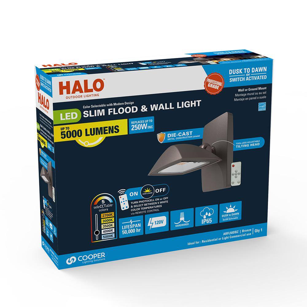 HALO ARFL series 45-Watt Bronze Outdoor Integrated LED Architectural Residential Floodlight Dusk to Dawn 5000 Max Lumens ARFL50DBZ