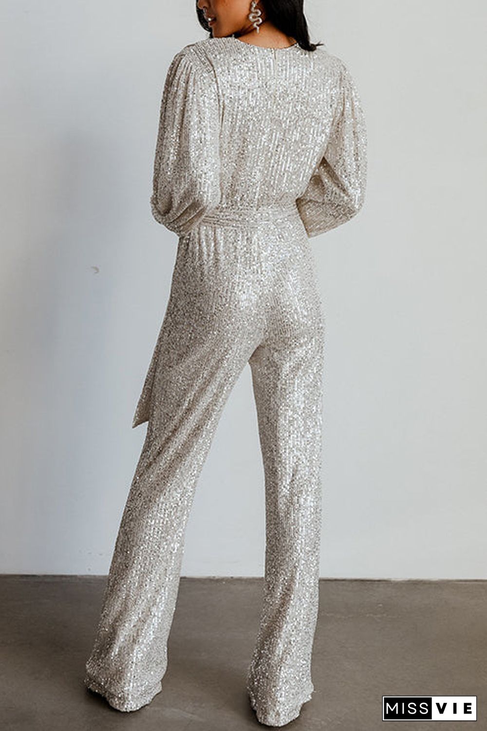 Sequin Draped Belted Puff Sleeve Wide Leg Jumpsuit