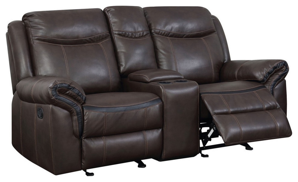 Glider Recliner Loveseat With Leatherette And Flared Padded Arms  Brown   Contemporary   Loveseats   by VirVentures  Houzz