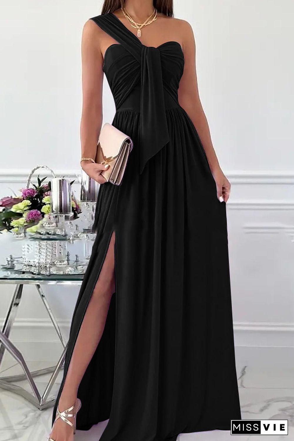 Elegant Formal Solid Asymmetrical Solid Color One Shoulder Irregular Dress Dresses(7 Colors)