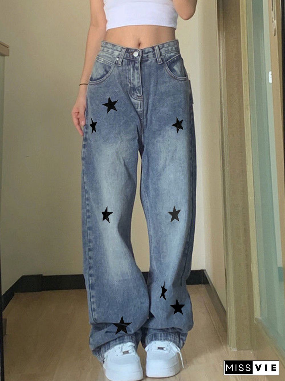 Pocket Wash Star Print Boyfriend Jeans