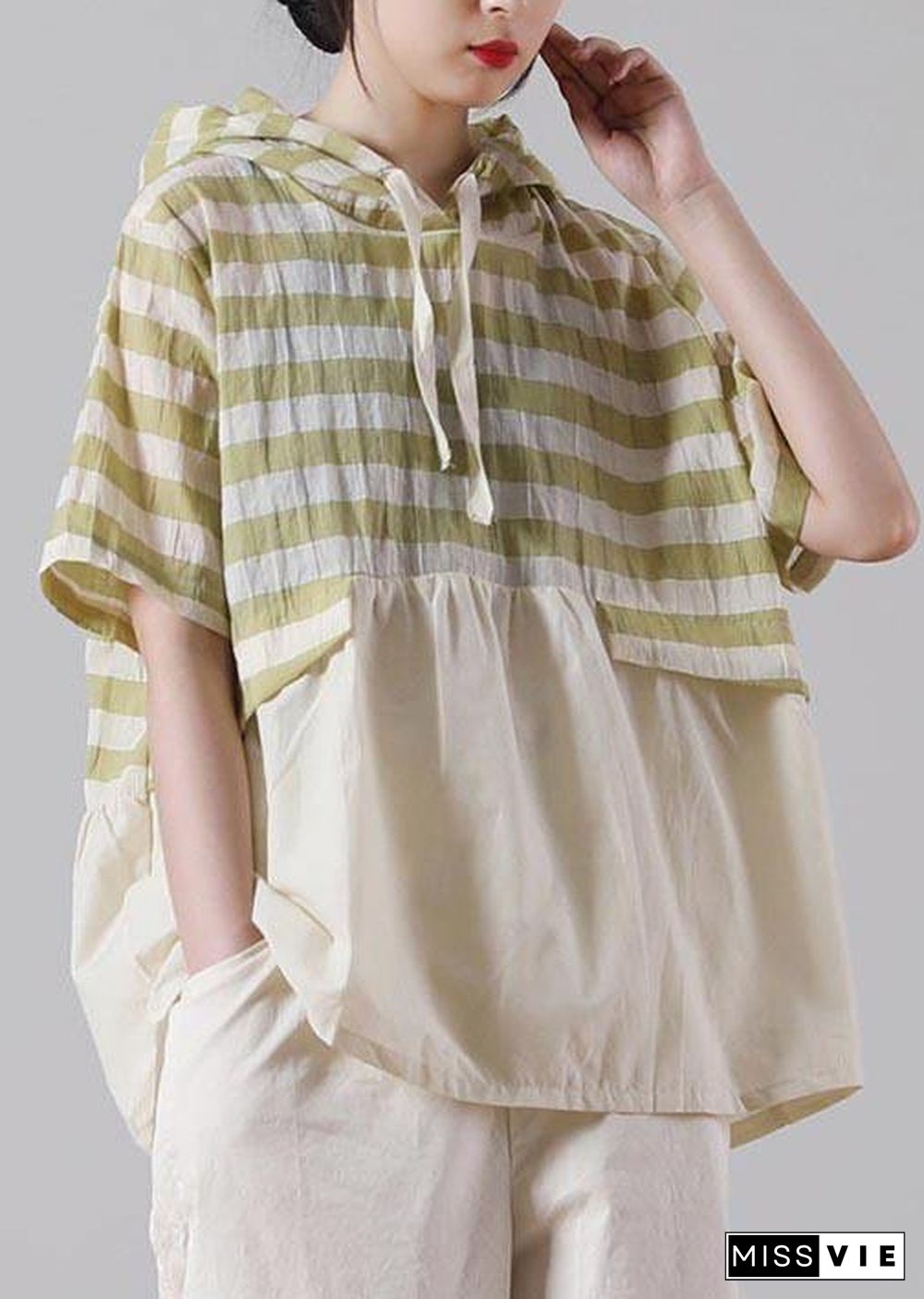 Chic Green Striped Oversize Cotton Linen Summer Shirt