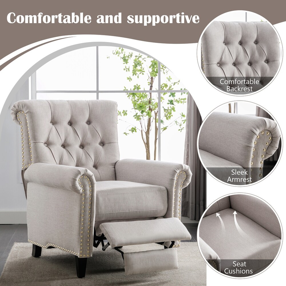 Pushback Linen Tufted Recliner Single Sofa with Nailheads Roll Arm  Adjustable Recliner for Living Room  Bedroom  Office