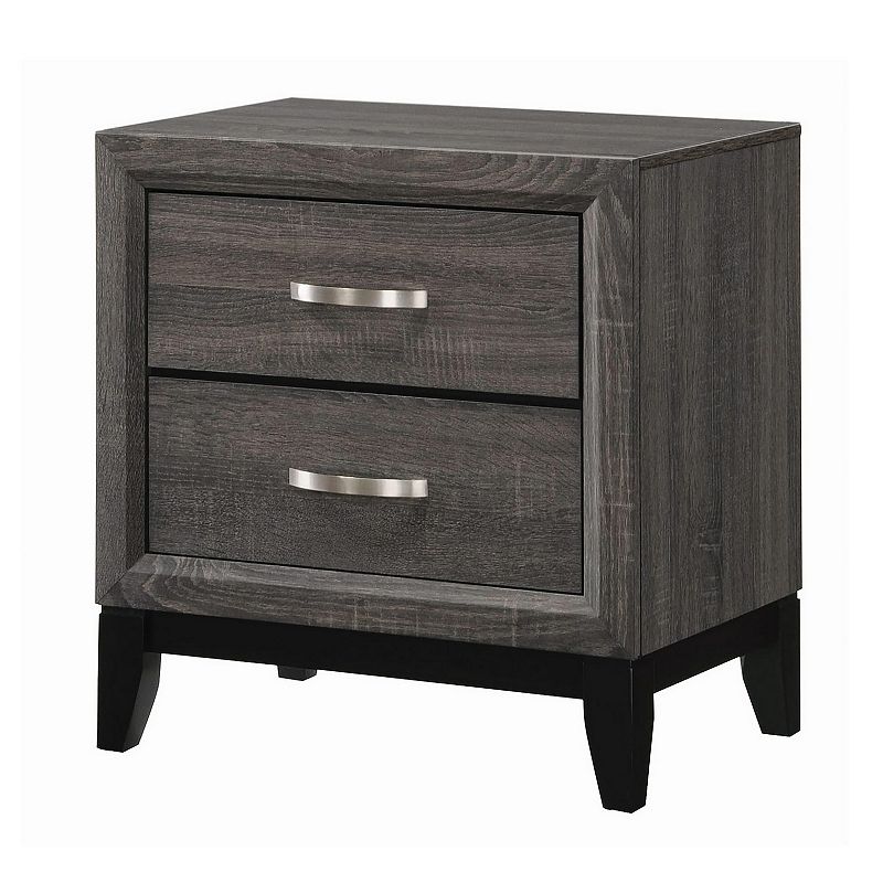 Wooden Nightstand with 2 Drawers and Chamfered legs， Gray and Black