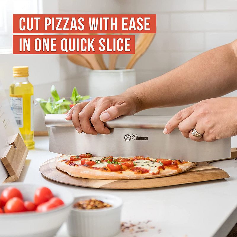 Chef Pomodoro Pizza Cutter Rocker Knife with Protective Cover， Multipurpose 14 Inch Mezzaluna Chopper with Super Sharp Stainless Steel Blade， Blade Cover， Premium Pizza Accessories Dishwasher Safe