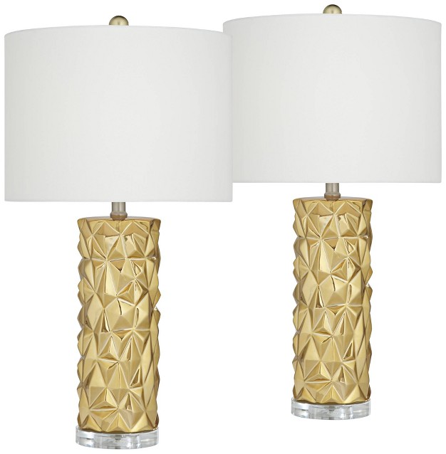 High Set Of 2 Gold Textured Diamond Ceramic White Fabric Drum Shade For Bedroom Living Room House Home Bedside