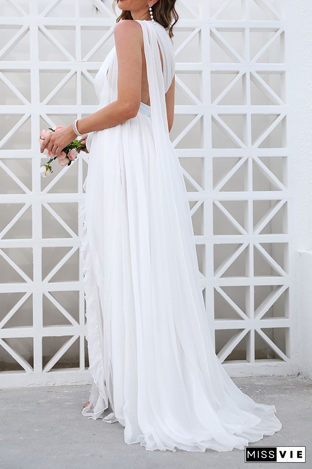 White One Shoulder Sleeveless Split Prom Dress