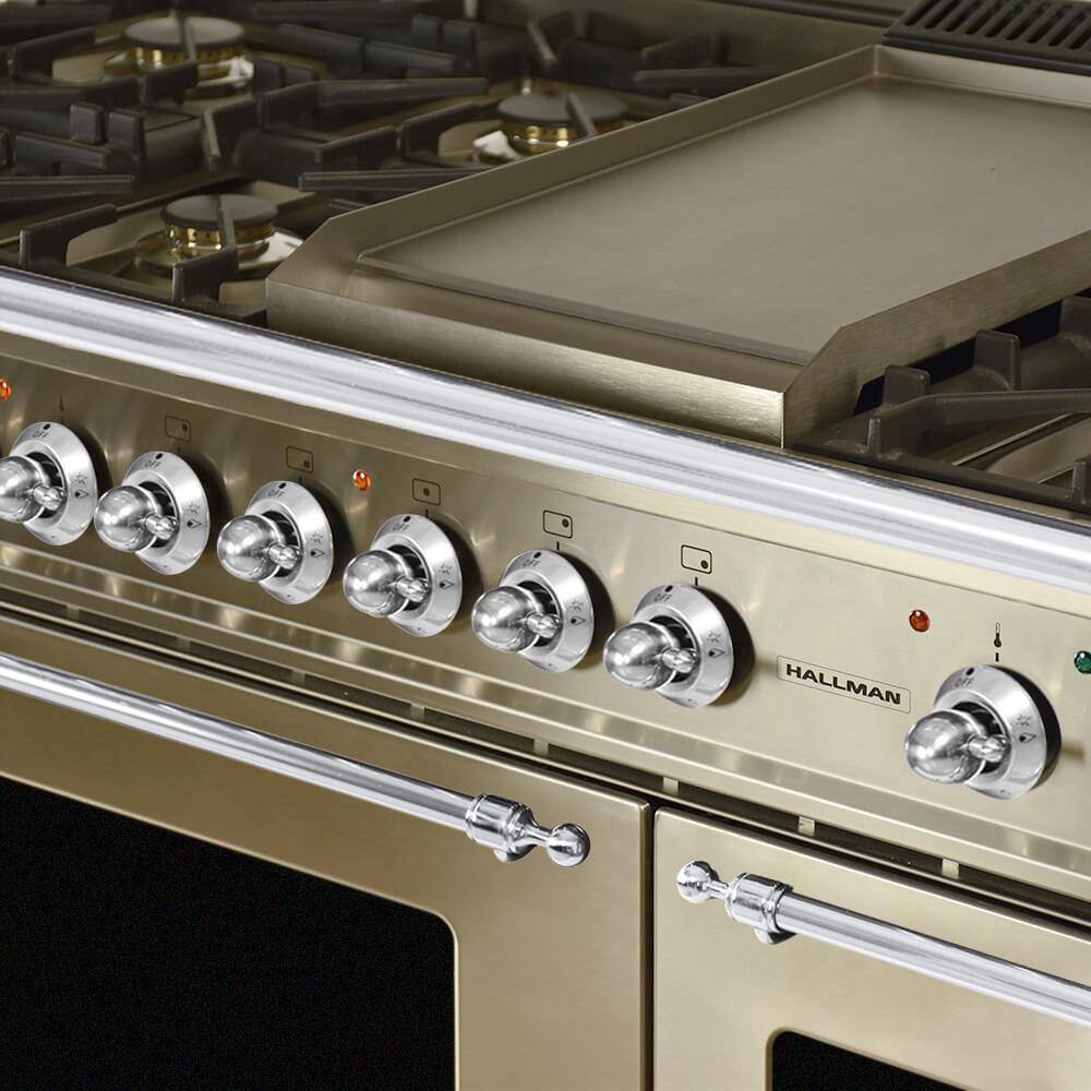 Hallman 48 in 5.0 cu.ft. Double Oven Dual Fuel Italian Range wTrue Convection 7 Burners Griddle Chrome TrimStainless Steel HDFR48CMSS